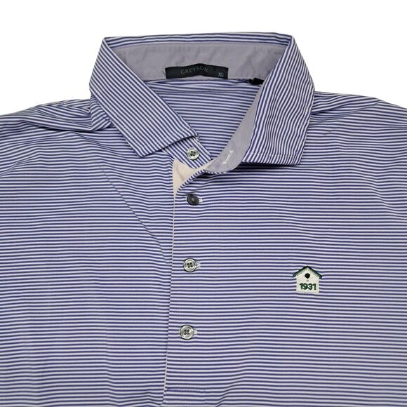 Greyson‎ Polo Shirt Men's XL Blue Striped Golf Short Sleeve Wolf Logo - Picture 6 of 10